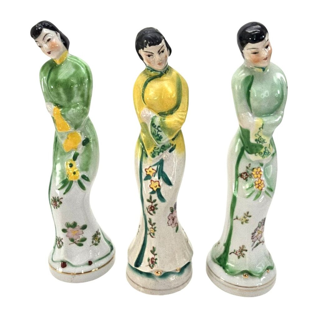 Occupied Japan Hand-Painted Porcelain Asian Lady Figurines Set Of 3 JE265